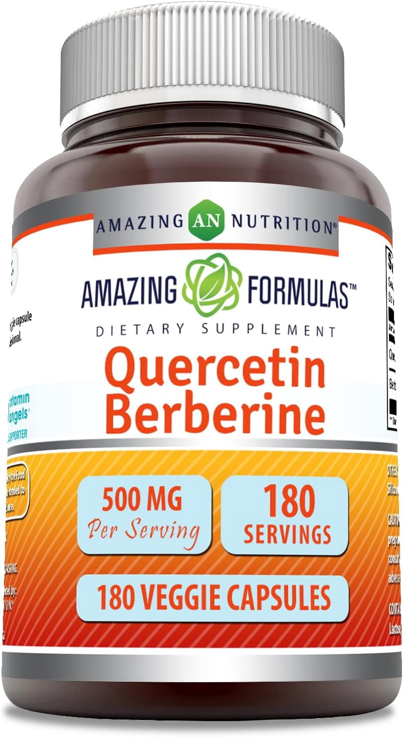 Amazing Formulas Quercetin Berberine 500mg Per Serving 180 Veggie Capsules Supplement | 250mg Quercetin & 250mg Berberine | Non-GMO | Gluten Free | Ideal for Vegetarians