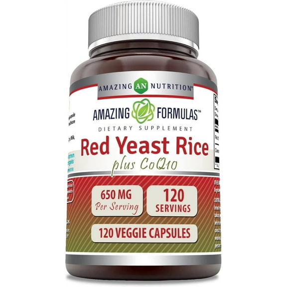 Amazing Formulas Red Yeast Rice Plus Co Q-10 650 Mg Per Serving 120 Vegetarian Capsules Supplement | With 600mg of Red Yeast rice & 50mg of CoQ10 | Non-GMO | Gluten Free | Made in USA
