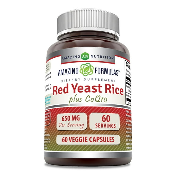 Amazing Formulas Red Yeast Rice Plus Coq10 650 Mg 60 Veggie Capsules Supplement | 600mg of Red Yeast Rice + 50 mg of Coq10 | Non-GMO | Gluten Free | Made in USA