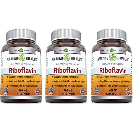 Amazing Formulas Riboflavin 400mg Per Serving 120 Capsules Dietary Supplement | Vitamin B2 Supplement | Non-GMO | Gluten Free | Pack of 3