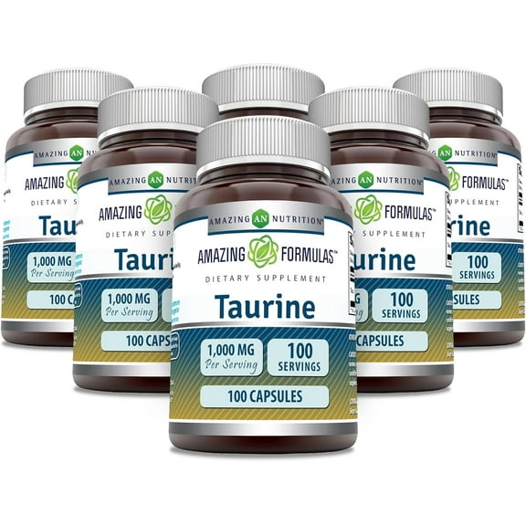 Amazing Formulas Taurine 1000mg Per Serving 100 Capsules Amino Acid Supplement | Non-GMO | Gluten Free | Pack of 6
