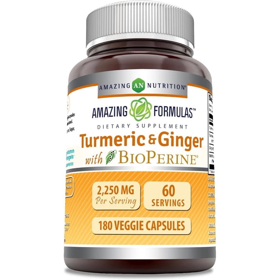 Amazing Formulas Turmeric Curcumin & Ginger with BioPerine 2250 mg Per Serving 180 Veggie Capsules Supplement | Non-GMO | Gluten Free | Made in USA | Ideal for Vegetarians