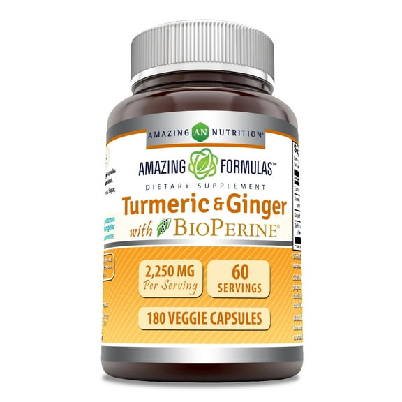 Amazing Formulas Turmeric Curcumin & Ginger with BioPerine 2250 mg Per Serving 180 Veggie Capsules Supplement | Non-GMO | Gluten Free | Made in USA | Ideal for Vegetarians