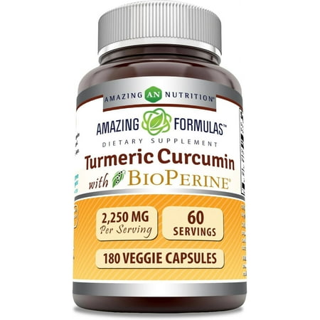 Amazing Formulas Turmeric Curcumin with Bioperine 2250 Mg per Serving 180 Veggie Capsules Supplement | 60 Serving Per Bottle | Non-GMO | Gluten-Free | Suitable for Vegetarians