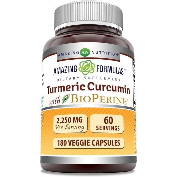 Amazing Formulas Turmeric Curcumin with Bioperine 2250 Mg per Serving 180 Veggie Capsules Supplement | 60 Serving Per Bottle | Non-GMO | Gluten-Free | Suitable for Vegetarians