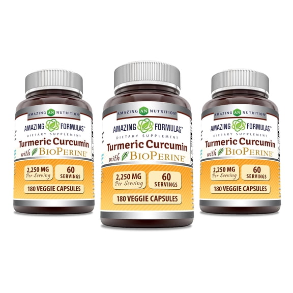 Amazing Formulas Turmeric Curcumin with Bioperine 2250 Mg per Serving 180 Veggie Capsules Supplement | 60 Serving Per Bottle | Non-GMO | Gluten-Free | Suitable for Vegetarians | Pack of 3