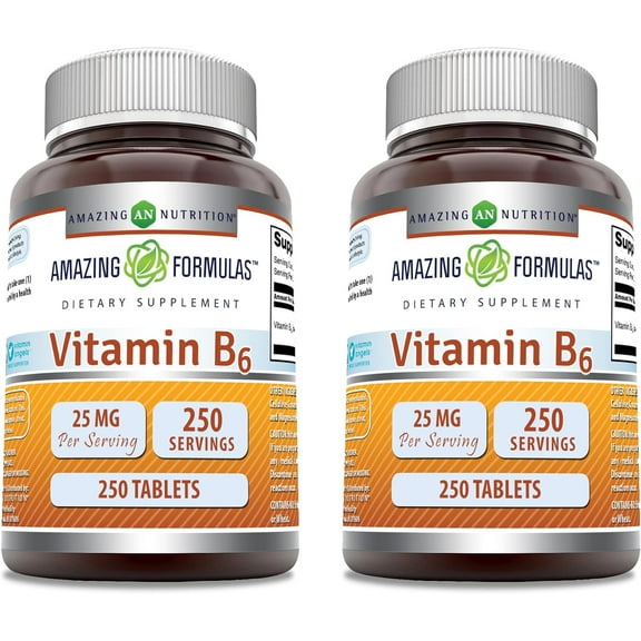 Amazing Formulas Vitamin B6  25 mg 250 Tablets Supplement | Pack of 2 | Non- GMO| Made in USA
