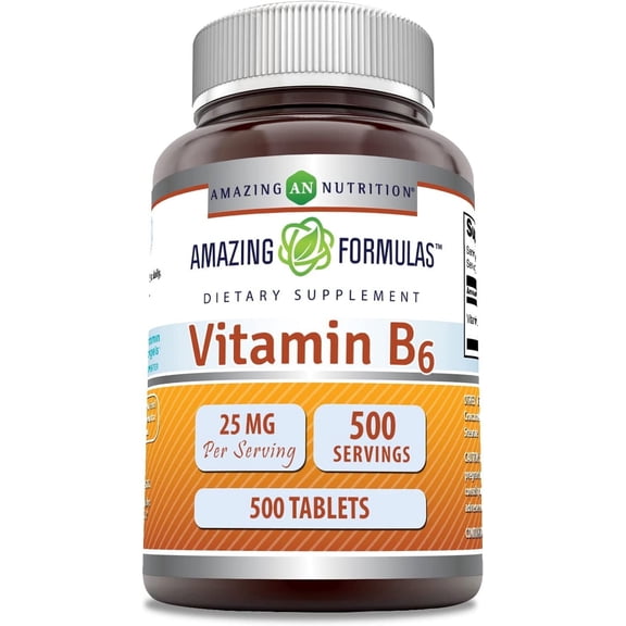 Amazing Formulas Vitamin B6 Pyridoxine 25mg Tablets Supplement | Non GMO | Gluten Free | Made in USA (500 Tablets)