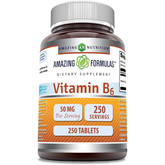 Amazing Formulas Vitamin B6 Pyridoxine 50mg Per Serving 250 Tablets Supplement | Non GMO | Gluten Free