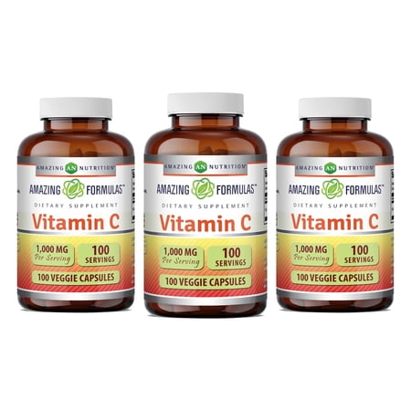 Amazing Formulas Vitamin C 1000 Mg Per Serving 100 Veggie Capsules Supplement | 100 Servings | Non-GMO | Gluten Free | Ideal for Vegetarians | Pack of 3