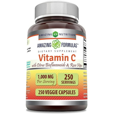Amazing Formulas Vitamin C (Ascorbic Acid) - 1000mg with Rose Hips & Citrus Bioflavonoids, 250 Vegetarian Capsules (Non-GMO) - Promotes Immune Function - Supports Healthy Aging - Supports Overall