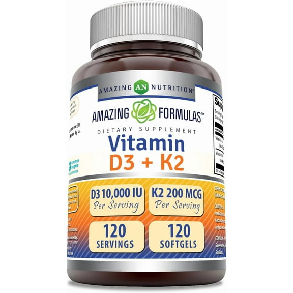 Amazing Formulas Vitamin D3 10,000 IU with Vitamin K2 200 mcg 120 Softgels Supplement | D3   K2 Complex | Non-GMO | Gluten Free | Made in USA