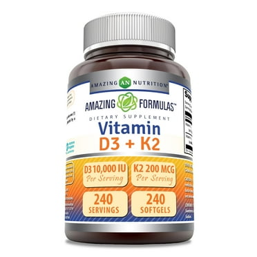 Amazing Formulas Vitamin D3 10,000 IU with Vitamin K2 200 mcg 240 Softgels Supplement | D3 + K2 Complex | Non-GMO | Gluten Free