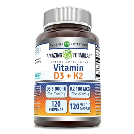 Amazing Formulas Vitamin D3 5000 IU with Vitamin K2 100 mcg, 120 Veggie Capsules Supplement | D3 + K2 Complex | Non-GMO | Gluten Free | Made in USA
