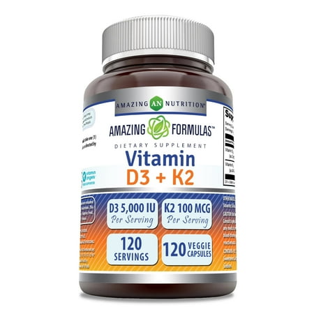 Amazing Formulas Vitamin D3 5000 IU with Vitamin K2 100 mcg, 120 Veggie Capsules Supplement | D3 + K2 Complex | Non-GMO | Gluten Free | Made in USA