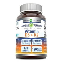 Amazing Formulas Vitamin D3 5000 IU with Vitamin K2 100 mcg, 120 Veggie Capsules Supplement | D3 K2 Complex | Non-GMO | Gluten Free | Made in USA
