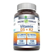 Amazing Formulas Vitamin D3 5000 IU with Vitamin K2 100 mcg 150 Softgels Supplement | D3 + K2 Complex | Non-GMO | Gluten Free | Made in USA