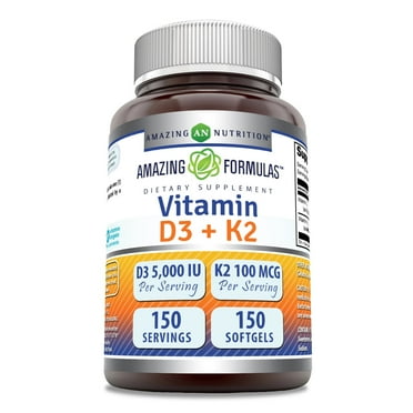 Amazing Formulas Vitamin D3 5000 IU with Vitamin K2 100 mcg 150 Softgels Supplement | D3 + K2 Complex | Non-GMO | Gluten Free | Made in USA