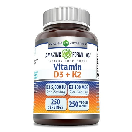 Amazing Formulas Vitamin D3 5000 IU with Vitamin K2 100 mcg, 250 Veggie Capsules Supplement | D3   K2 Complex | Non-GMO | Gluten Free | Made in USA