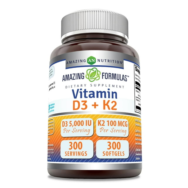 Amazing Formulas Vitamin D3 5000 IU with Vitamin K2 100 mcg 300 Softgels Supplement | D3 + K2 Complex | Non-GMO | Gluten Free | Made in USA