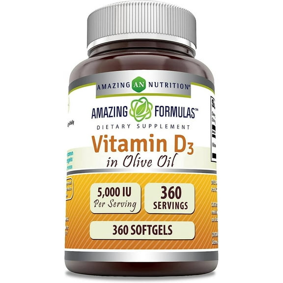 Amazing Formulas  Vitamin D3 in Olive Oil  5000 IU 360 Softgels Supplement | Non-GMO | Gluten Free | Made in USA