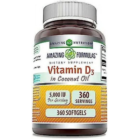Amazing Formulas  Vitamin D3 with Coconut Oil  5000  IU 360 Softgels Supplement | Non-GMO | Gluten Free | Made in USA