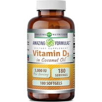 Amazing Formulas Vitamin D3 in Virgin Coconut Oil 5000IU Per Serving 180 Softgels Supplement | Non-GMO | Gluten Free
