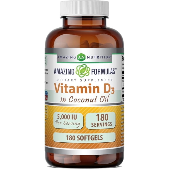 Amazing Formulas Vitamin D3 in Virgin Coconut Oil 5000IU Per Serving 180 Softgels Supplement | Non-GMO | Gluten Free