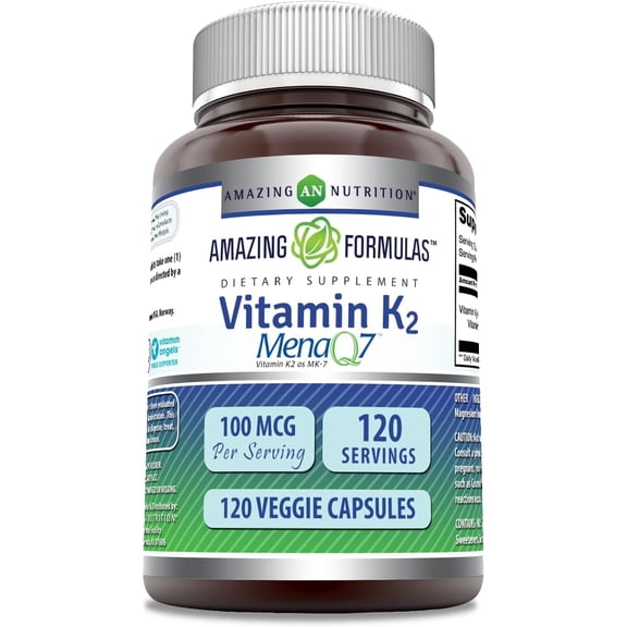 Amazing Formulas Vitamin K2 Menaq7 MK7 100Mcg Per Serving 120 Veggie Capsules Supplement | Non-GMO | Gluten Free | Suitable for Vegetarians