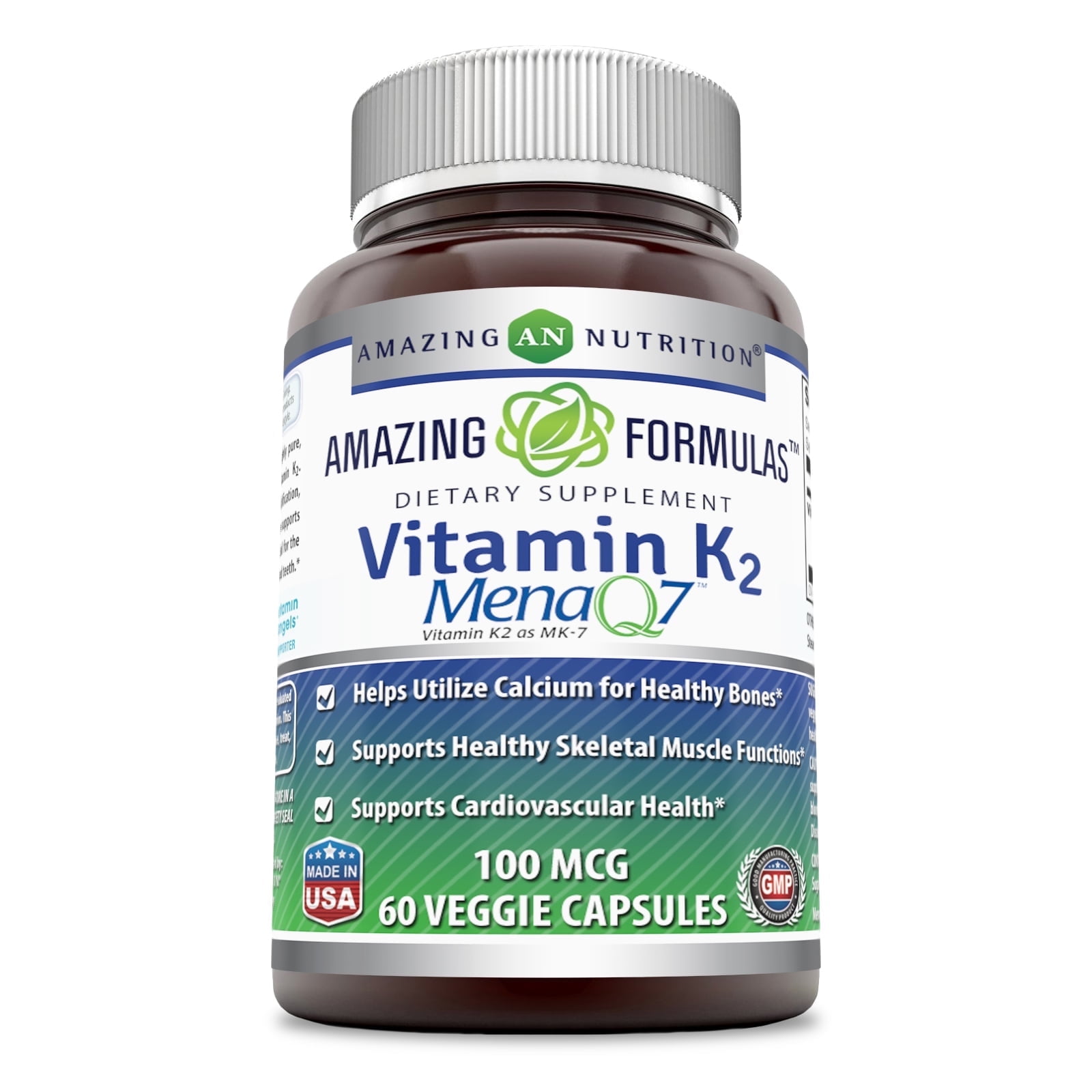 Amazing Formulas Vitamin K2 Menaq7 MK7 100Mcg 60 Veggie Capsules Supplement | Non-GMO | Gluten Free | Made in USA | Suitable for Vegetarians
