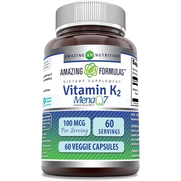 Amazing Formulas Vitamin K2 Menaq7 MK7 100Mcg Per Serving 60 Veggie Capsules Supplement | Non-GMO | Gluten Free | Made in USA | Suitable for Vegetarians