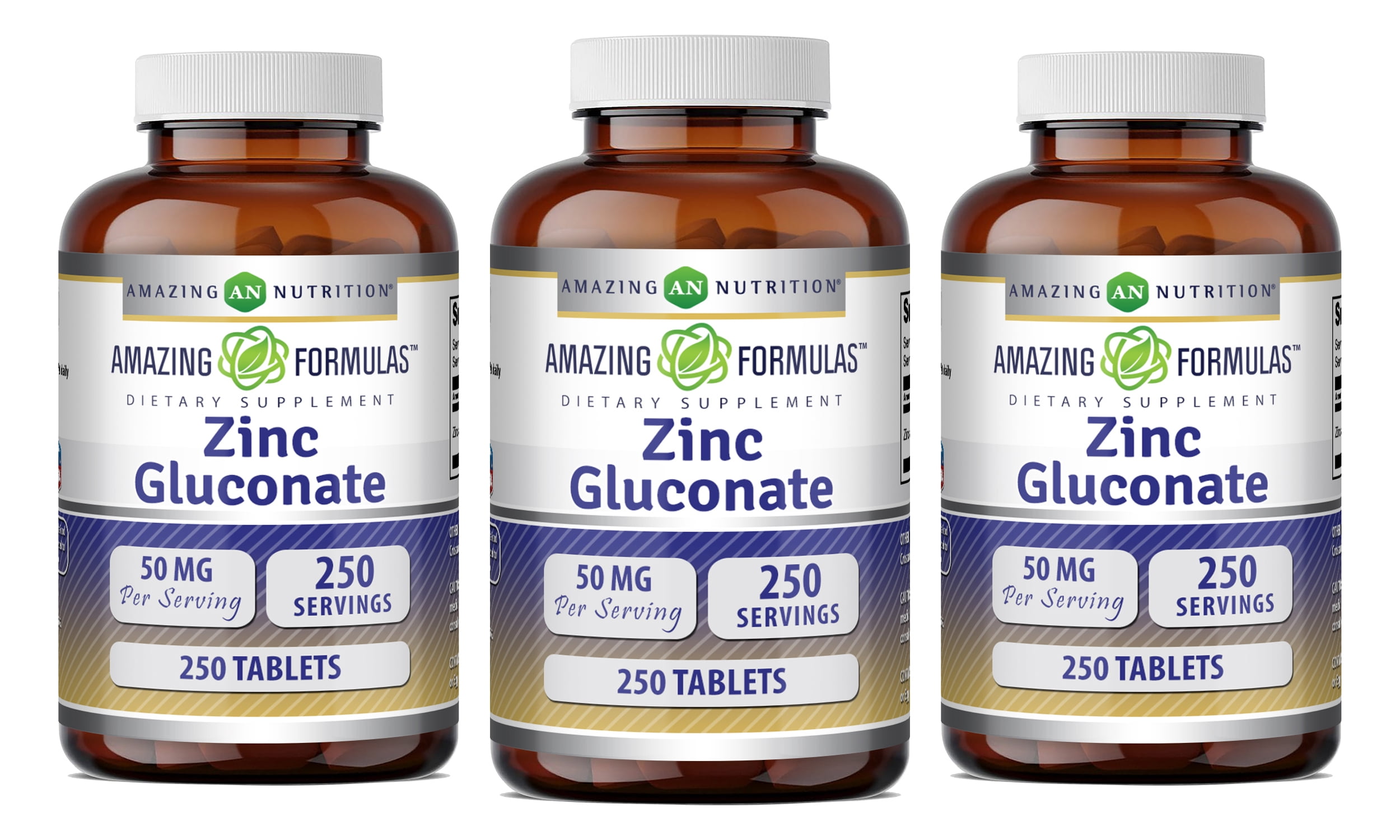 Amazing Formulas Zinc Gluconate 50Mg Per Serving 250 Tablets Supplement | Non-GMO | Gluten-Free | Pack of 3