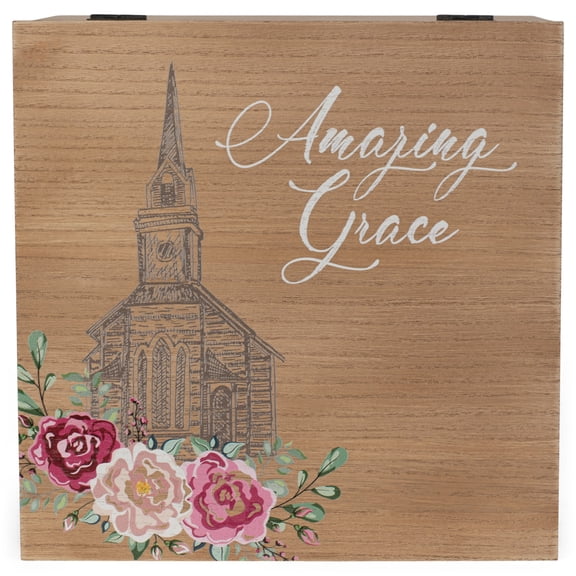 Amazing Grace Church Floral Brown 8 x 8 MDF Wood Decorative Keepsake Photo Box