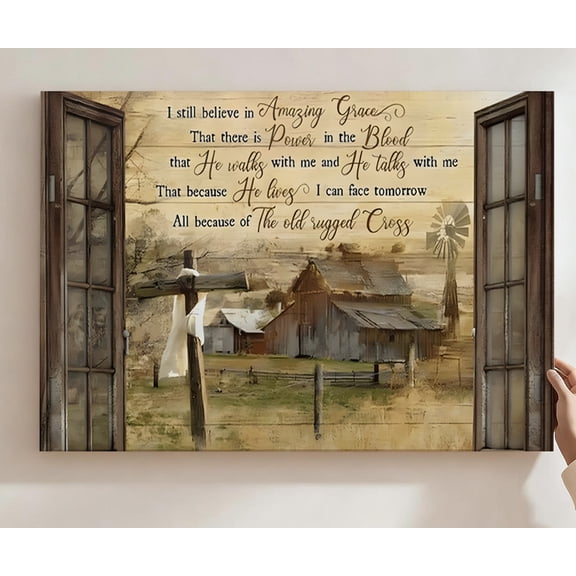 Amazing Grace Farmhouse Christian Canvas Wall Art, Hymn Lyrics Faith Decor, Rustic Cross & Barn Artwork For Home Chapel, Living Room, Bedroom, Ready To Hang 12*18inch(30*45cm)
