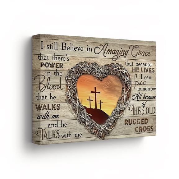 Amazing Grace Inspirational Canvas Wall Art with Heart Frame and Cross Scene