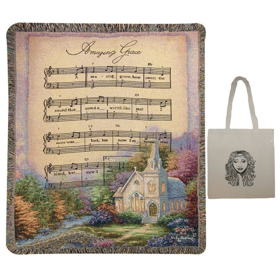 Amazing Grace Sheet Music 50" x 60" Inspirational Tapestry Throw Blanket & Angel Tote, Friendship, Sympathy, Memorial, Bereavement