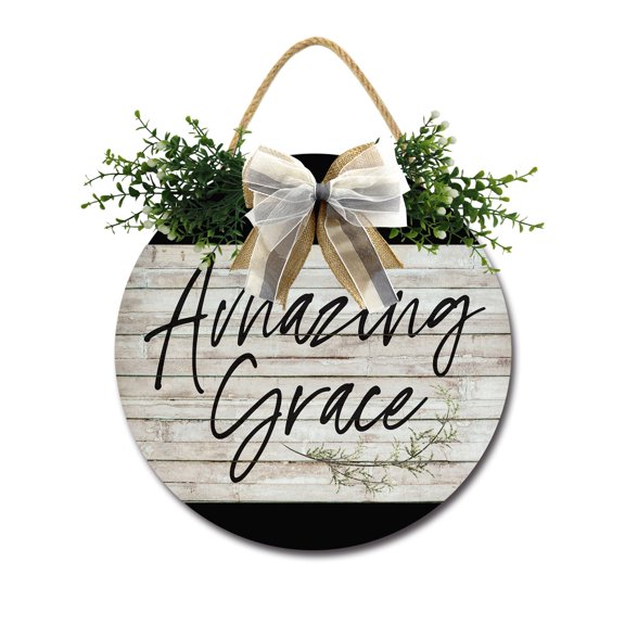Amazing Grace Sign Front Door Porch Decorations, Round Rustic Wood Hanging Sign for Farmhouse Porch Outdoor Home Holiday Front Door Sign Decor