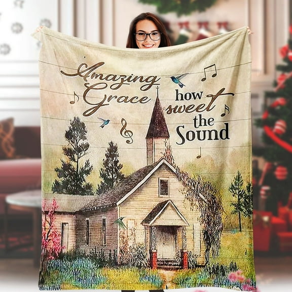 Amazing Grace & Sweet Sound Church Print Throw Blanket Cozy Flannel with Bible Verse Tear-Resistant All-Season Comfort Soft Ideal for Couch or Bed Vintage Style