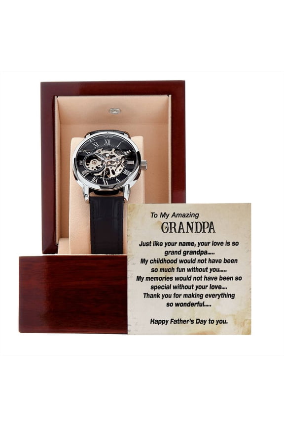 To My Amazing Grandpa Gift Watch, Openwork Watch for Grandpa, Father's Day Gift Watch with Message Card for Grandpa - Men's Openwork Watch - Mahogany Gift Box