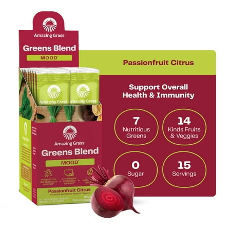 Amazing Grass Greens Blend Mood: Super Greens Powder Smoothie Mix with Organic Spirulina, Chlorella, Beet Root Powder, Digestive Enzymes & Probiotics, 15 Servings. Passionfruit Citrus