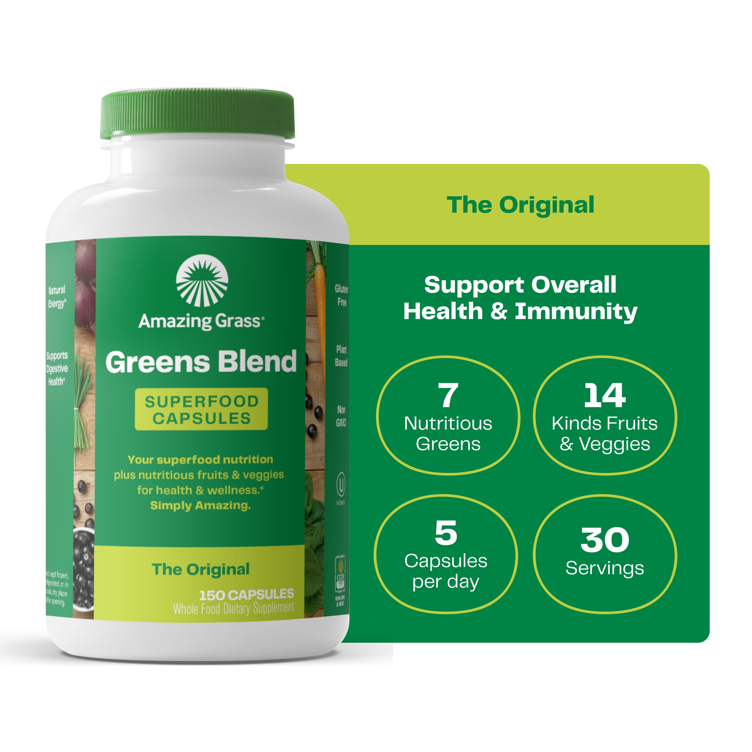 Amazing Grass, Greens Blend Superfood Capsules, 150 Capsules, 30 Servings
