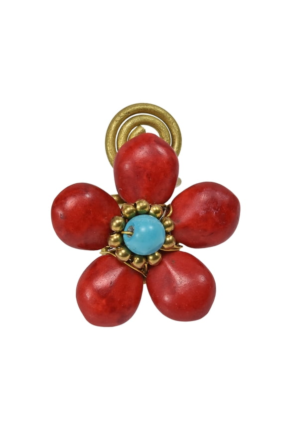 Amazing Handmade Red Synthetic Coral Flower & Brass Wire Wrap Statement Ring