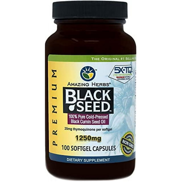 Amazing Herbs Black Seed Oil Pills 1250mg, 100 Softgel Capsules ColdPressed Non GMO