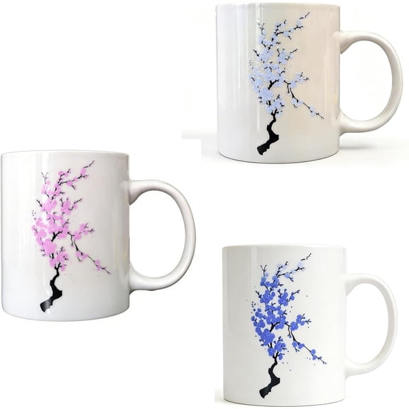 Amazing Hot & Cold Color Changing Mug, Heat Magic Funny Ceramic Coffee Mug - Novelty Cup for Mom Dad , 11oz, White Plum Blossom to Blue/