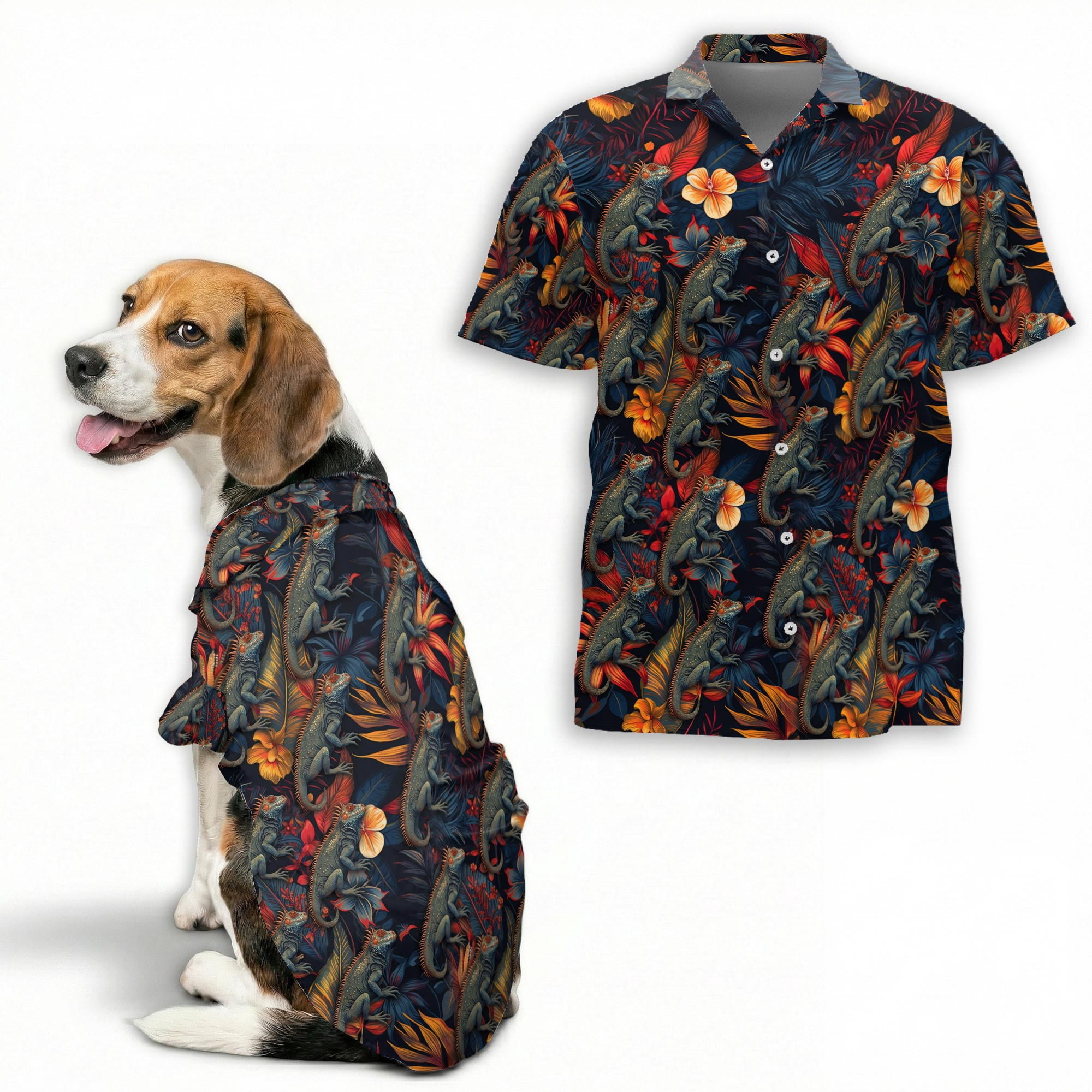 Image showcasing Amazing Iguana Hawaiian Shirt, Tropical Lizard Floral Print Button Down ...