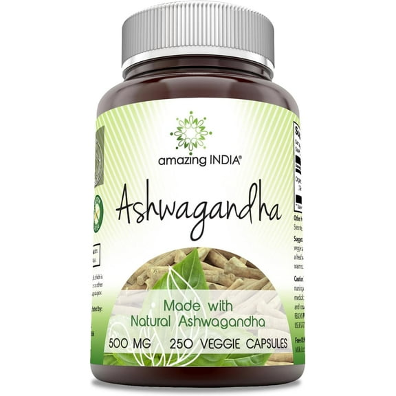 Amazing India Ashwagandha 500 Mg Per Serving 250 Veggie Capsules Supplement | Non-GMO | Gluten Free | Made in USA | Ideal for Vegetarians