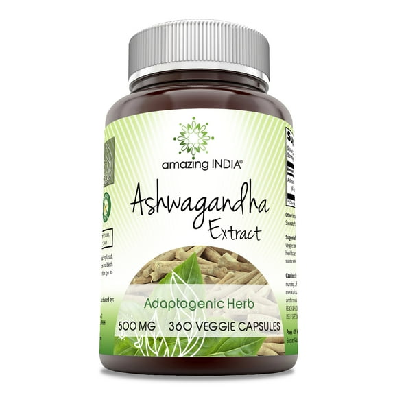 Amazing India Ashwagandha Extract 500 mg 360 Veggie Capsules | Non-GMO | Gluten Free | Made in USA | Ideal for Vegetarians