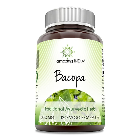 Amazing India Bacopa Powder 500 Mg Per Serving 120 Veggie Capsules Supplement | Non-GMO | Gluten Free | Made in USA
