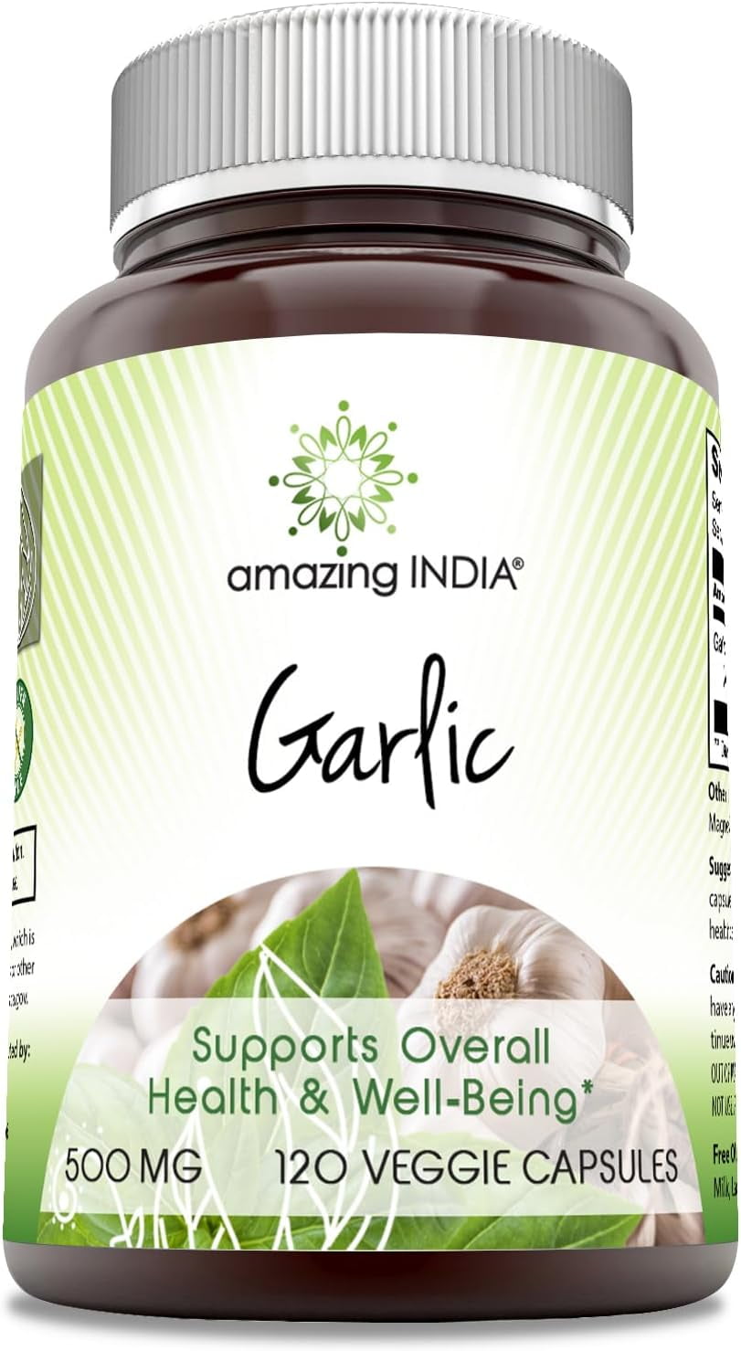 Amazing India Garlic 500 mg 120 Veggie Capsules Supplement | Non-GMO | Gluten-Free | Made in USA | Suitable for Vegetarians