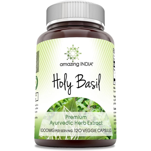 Amazing India Natural Holy Basil 1000 Mg Per Serving 120 Veggie Capsules Supplement | Non-GMO | Gluten Free | Suitable for Vegetarians